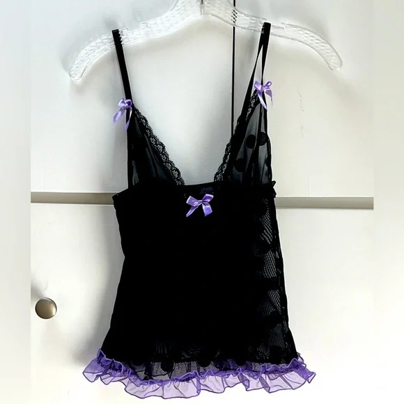 7 til Midnight black on black polka dot and purple cami and panty set. Size S/M - Picture 2 of 11